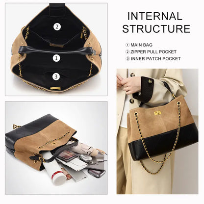 Interior view showing large capacity storage of shoulder handbag