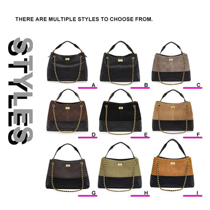 Woman wearing vintage shoulder handbag for autumn winter multiple styles to choose from.