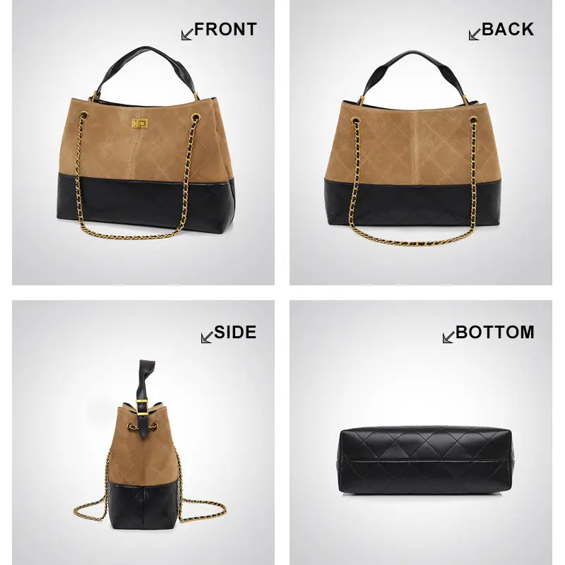 Side and back view of retro suede handbag showing shape and texture