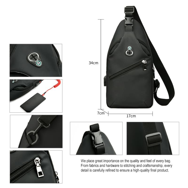 Chest bag with metal hardware earphone port and USB feature