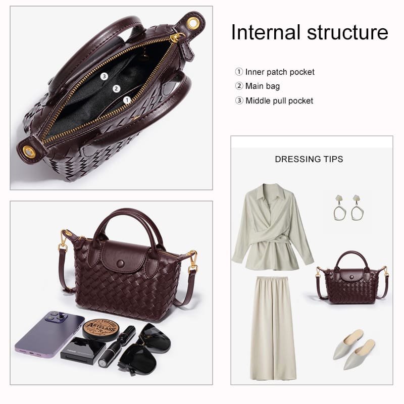 Crossbody bag woven interior structure for daily essentials
