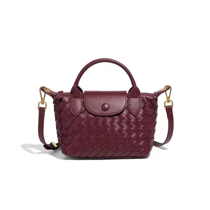 Fashionable woven PU handbag designed for women daily wear-wine red