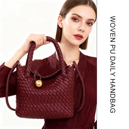 PU woven tote bag styled for commuting and office wear