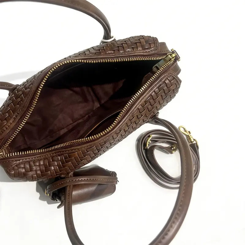 Brown woven handbag with detachable strap and gold-tone hardware