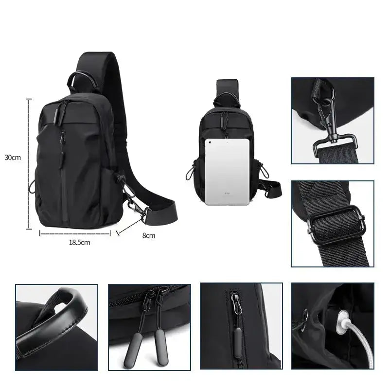 Range Bags Polyester Sling Bag Black Front View - Water Resistant Crossbody Chest Pack with USB Charging Port