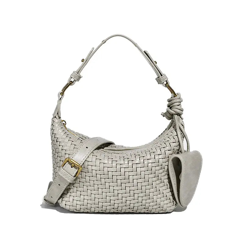 Woven PU handbag in Off White front view with gold tone hardware