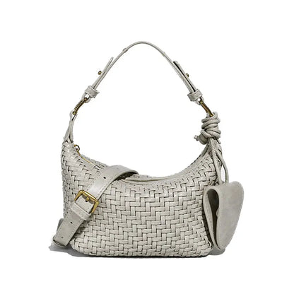 Woven PU handbag in Off White front view with gold tone hardware
