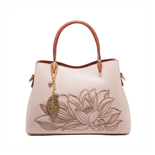 Chinese Traditional Lotus Embroidered Handbag Black Front View - Golden Lotus Design with Leaf Pearl Charm