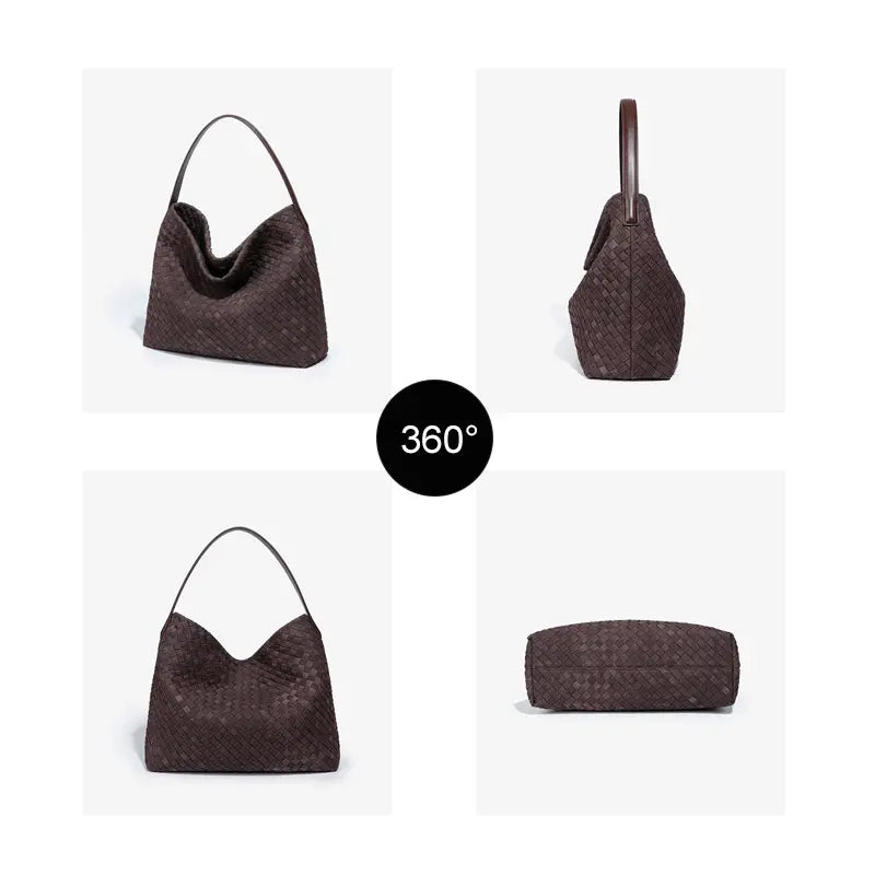 Woven Hobo Shoulder Tote Bag Chocolate Brown - Front View - Premium Woven Texture