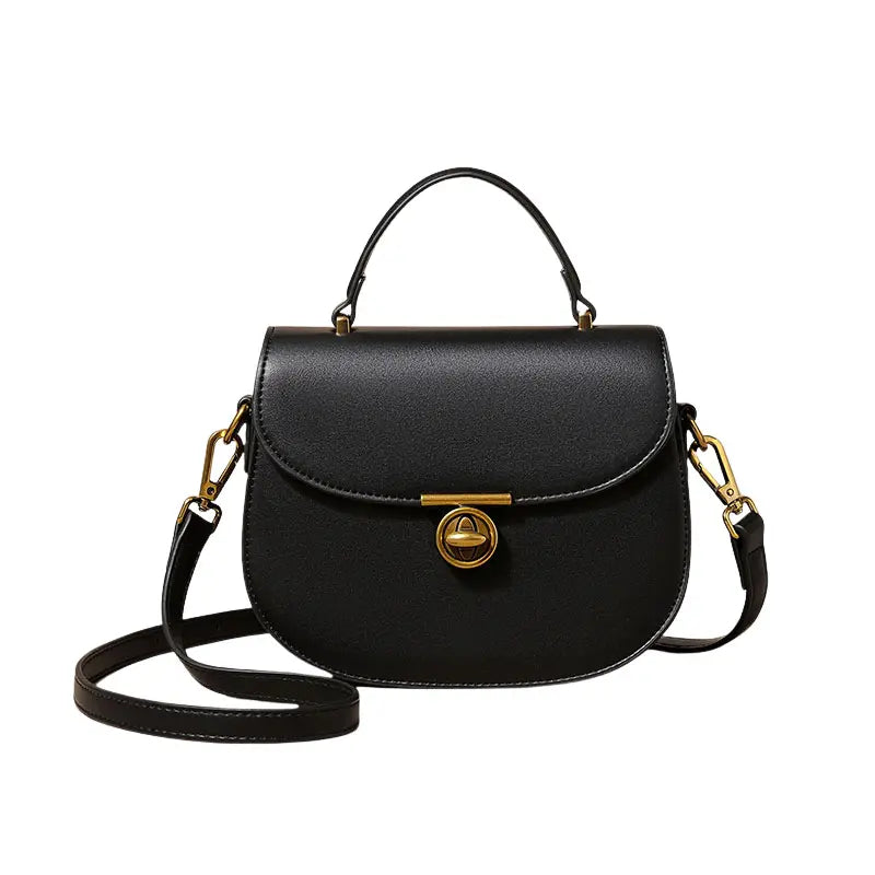 PU leather saddle bag black front view gold twist lock top handle