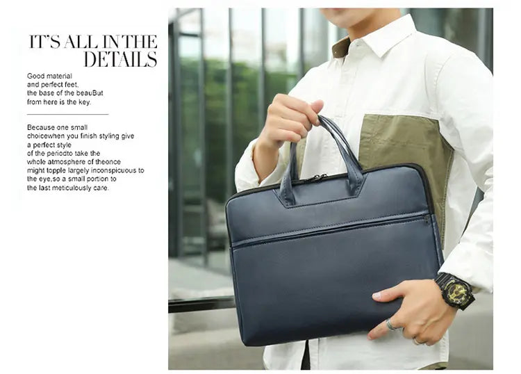Man holding navy blue business briefcase by top handle - professional office style
