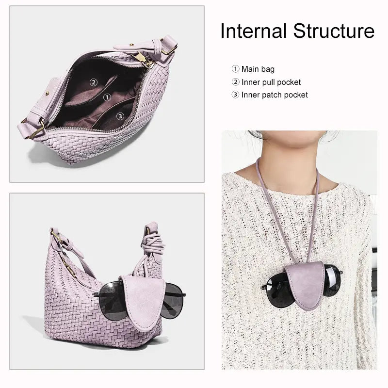Woven PU handbag internal structure with main bag and inner pockets