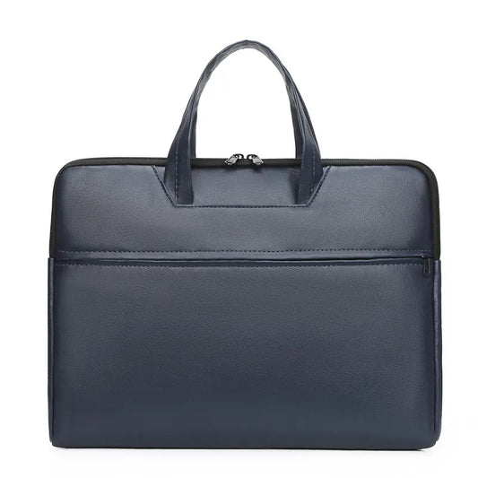 Navy blue briefcase front view - minimalist design with dual zippers