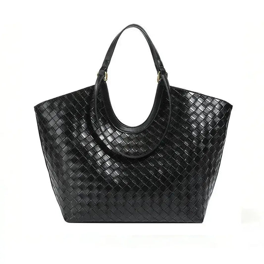 Black woven texture tote bag front view