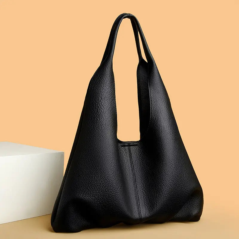 Soft PU Leather Hobo Tote Bag Black - Front View - Single Shoulder Handle