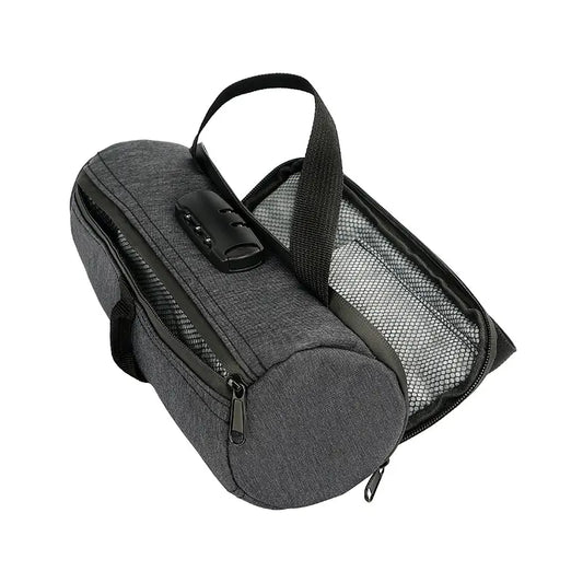 Gray cylindrical smell proof bag with 3-digit combination lock and dual zippers open