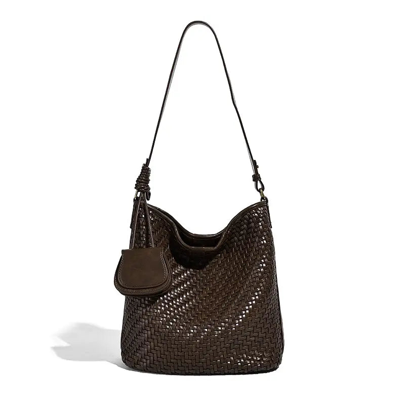 Woven Tote Bag lifestyle front view in chestnut brown