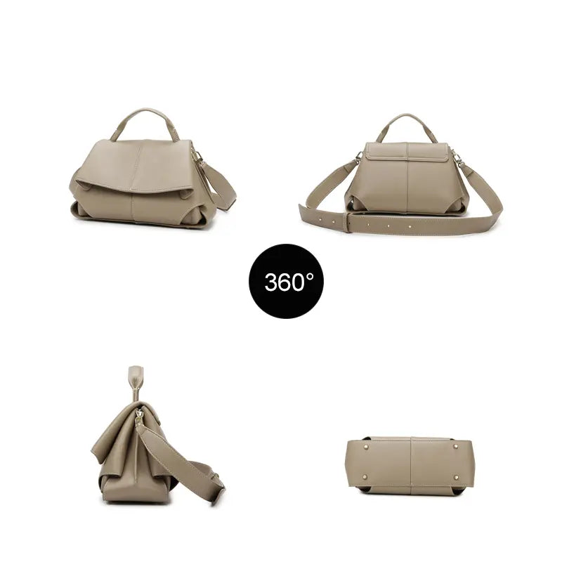 PU leather top handle handbag multiple angle view khaki and brown