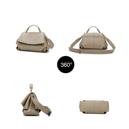 PU leather top handle handbag multiple angle view khaki and brown