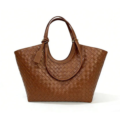Brown vintage woven tote bag side angle