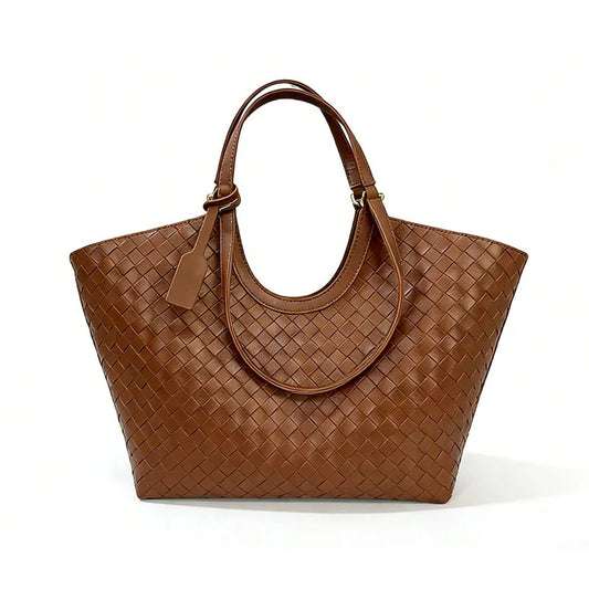 Brown vintage woven tote bag side angle