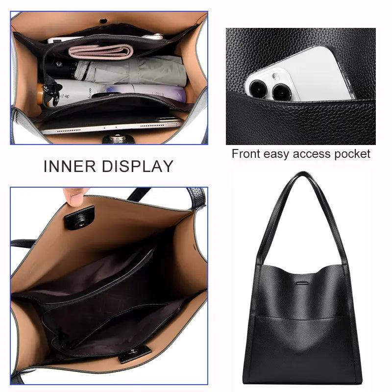 Range Bags Chic Tote Bag Black Front View - Large Capacity PU Handbag 2026 New Design