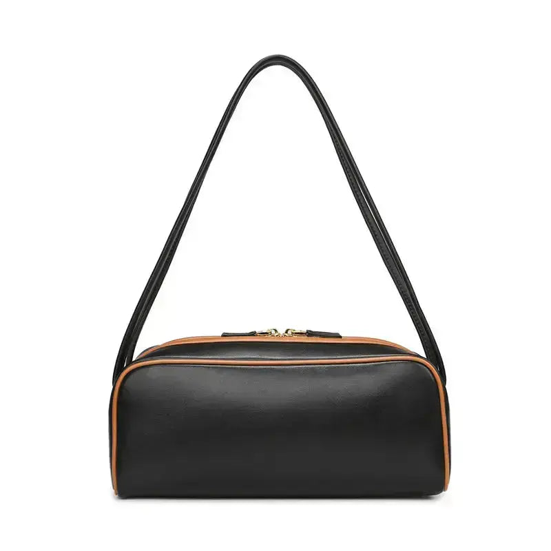 Retro bowling style handbag front view PU leather-long style black