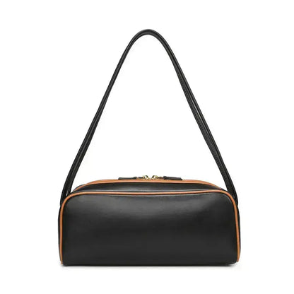 Retro bowling style handbag front view PU leather-long style black
