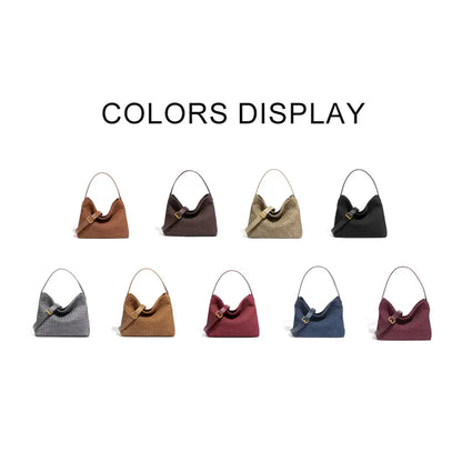 Woven Hobo Shoulder Tote Bag Khaki - Front View - European Retro Style