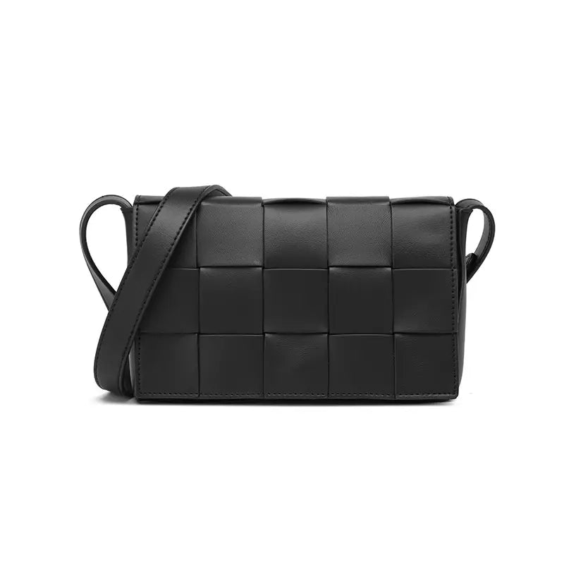 Woven PU leather crossbody bag black front view woven texture small square bag