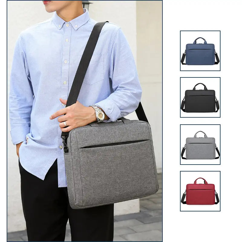 360 degree view of gray briefcase showing all angles including back luggage strap