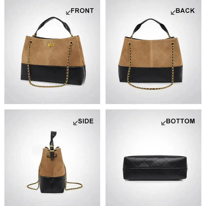 Side and back view of retro suede handbag showing shape and texture