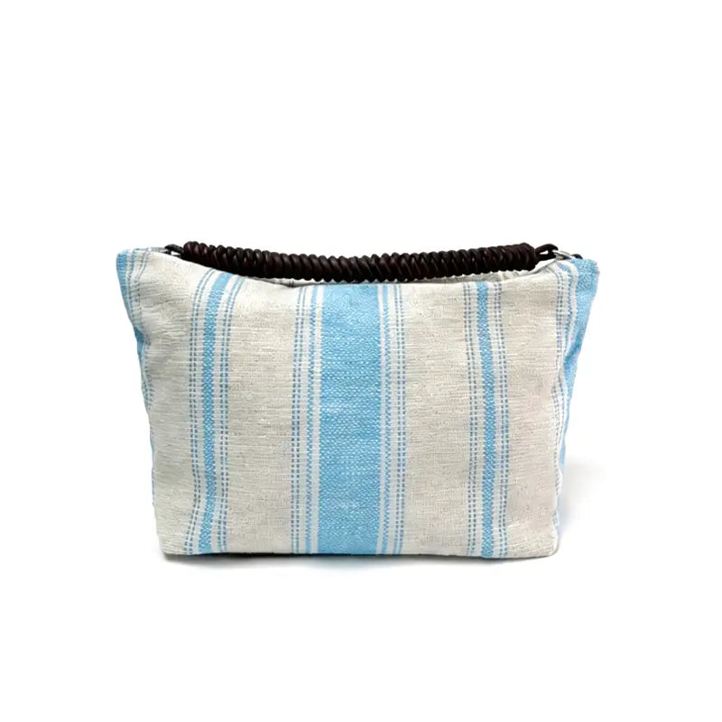 Striped canvas shoulder bag blue stripe front view with woven texture
