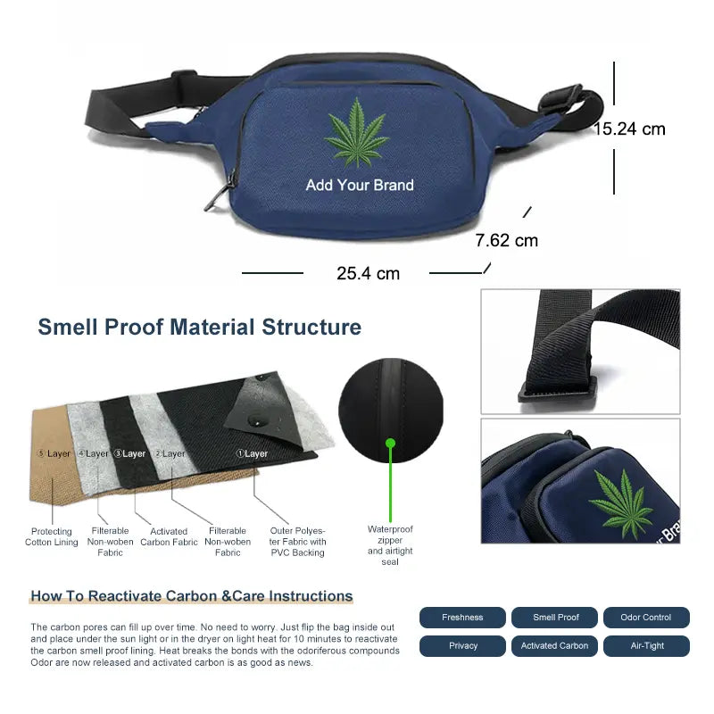 smell proof waist bag dimensions size chart 25.4x15.24x7.62cm