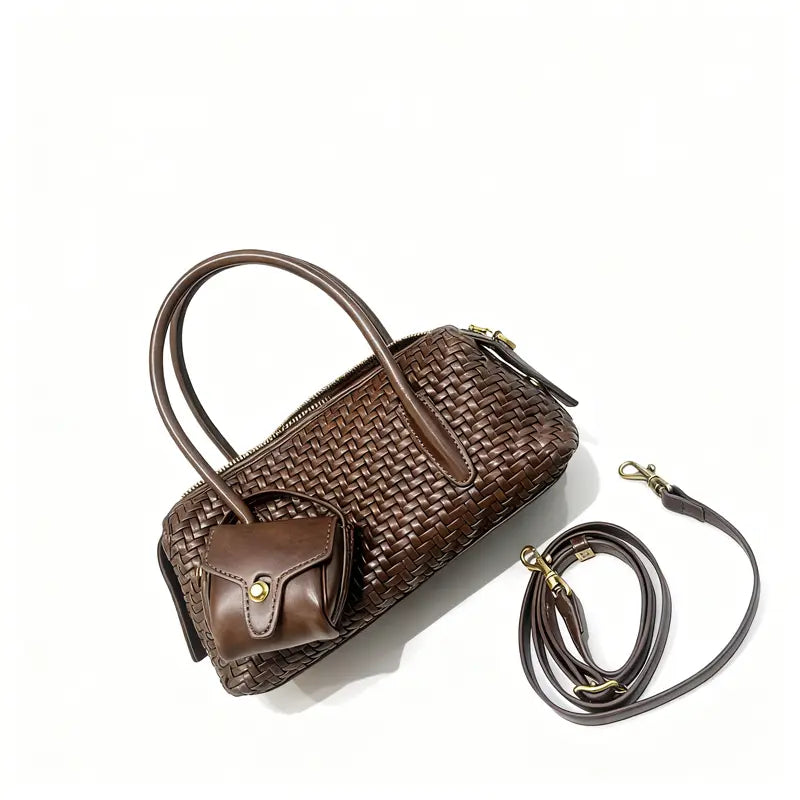 Brown woven PU handbag side detail with zipper closure