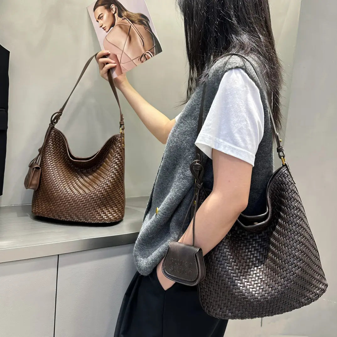 Woven Tote Bag in Chestnut Brown front view with side mini pouch