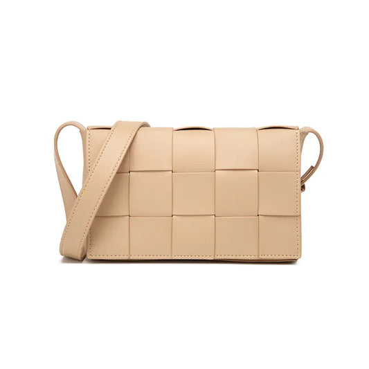 Woven PU leather crossbody bag apricot front view soft woven PU