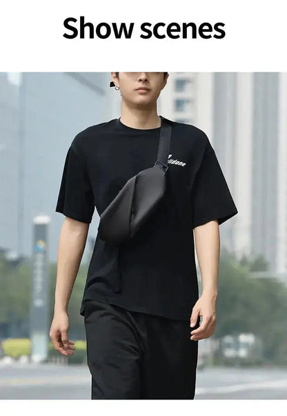 Range Bags Ultra-Slim Crossbody Bag Lifestyle - Man Wearing Minimalist Pack for Shopping