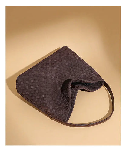 Woven Hobo Shoulder Tote Bag Black - Front View - Matte Finish