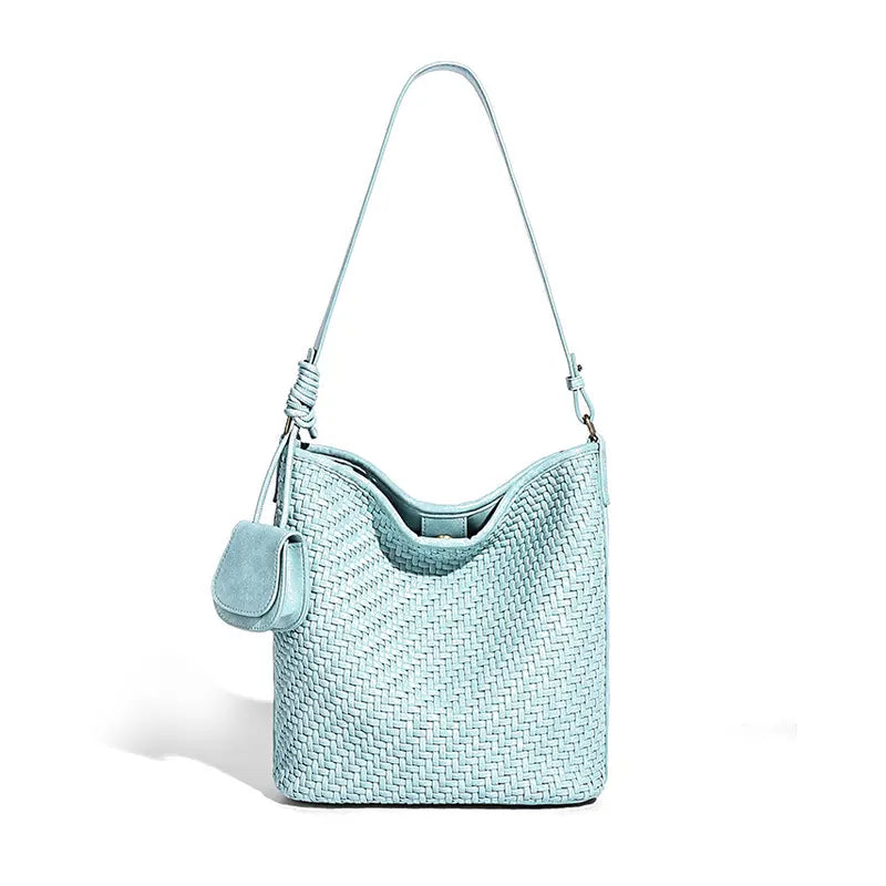 Woven Tote Bag in Blue front view with PU woven texture