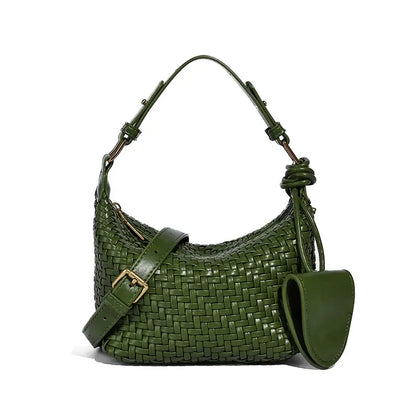 Woven PU handbag in Emerald Green front view with compact shape