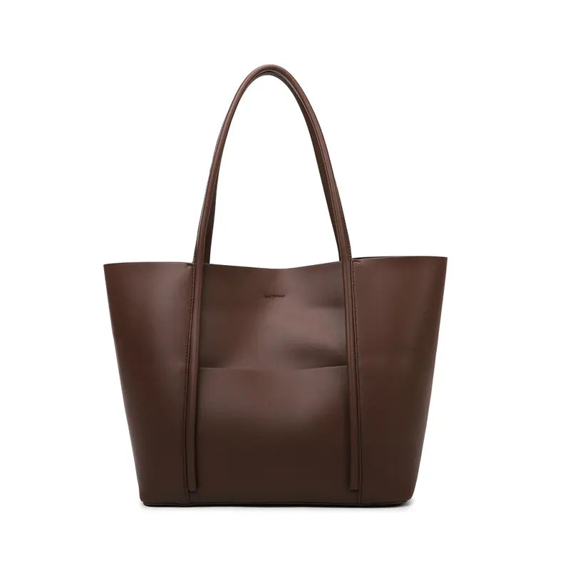 PU leather tote bag coffee brown front view soft pebbled PU leather