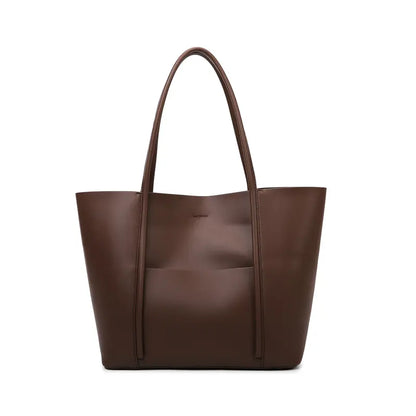 PU leather tote bag coffee brown front view soft pebbled PU leather