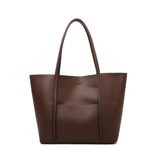 PU leather tote bag coffee brown front view soft pebbled PU leather