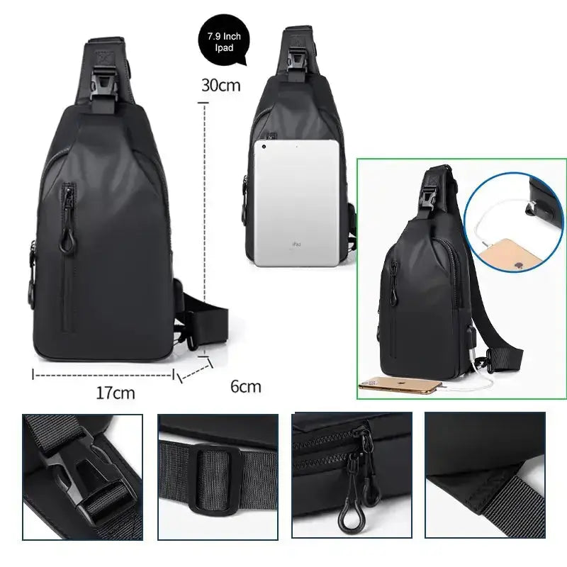 Range Bags PU Leather Sling Bag Black Front View - Business Casual Crossbody Chest Pack