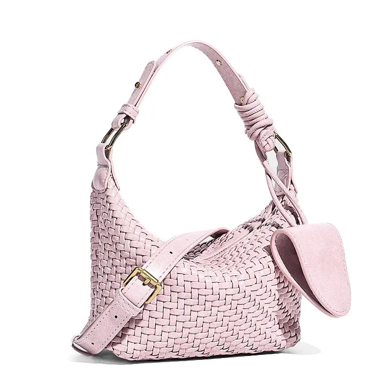 Woven PU handbag in Pink front view with long shoulder strap