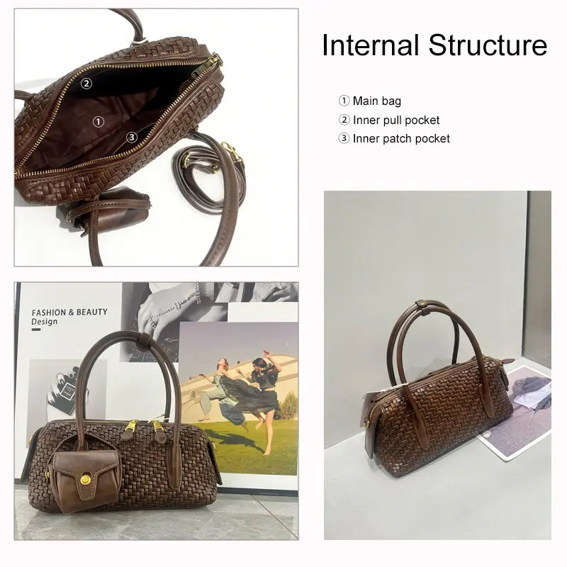 Olive green woven PU leather handbag front view