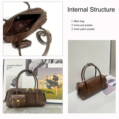 Olive green woven PU leather handbag front view