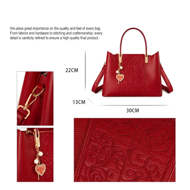 Chinese Traditional Embroidered Handbag Red Front View - Cloud Pattern Embroidery with Double Happiness Charm