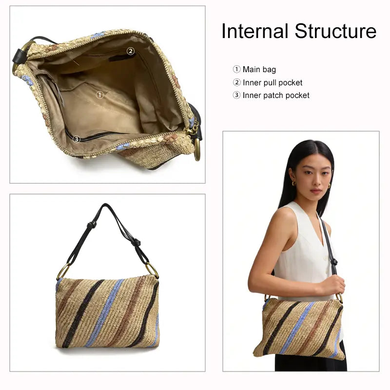 Raffia Straw Tote Bag Interior Structure Polyester Lining